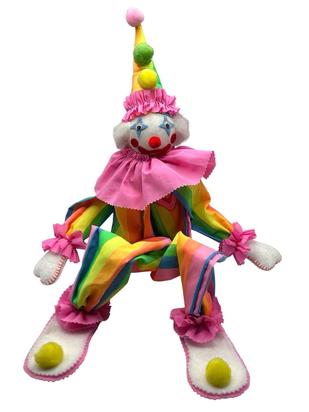 Vintage Clown Doll Circus Costume Block Shelf Sitter Pink Rainbow 16" Handmade